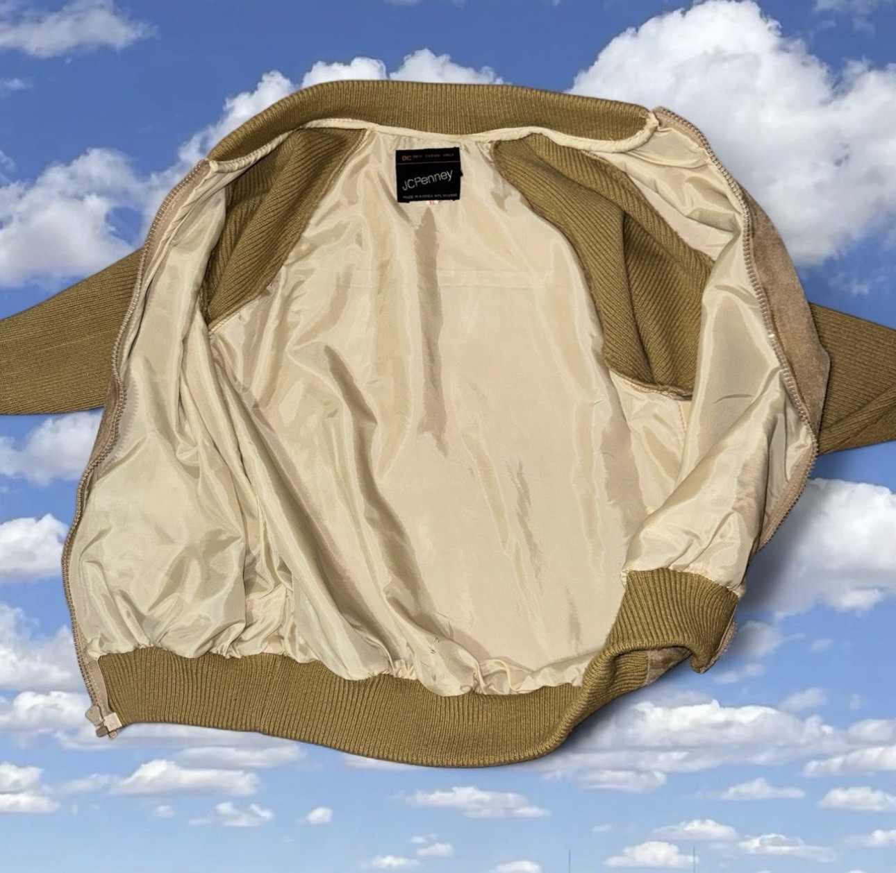 1970s JCPenny Beige/Yellow Cowhide Split Leather Bomber Women’s XL VTG YKK