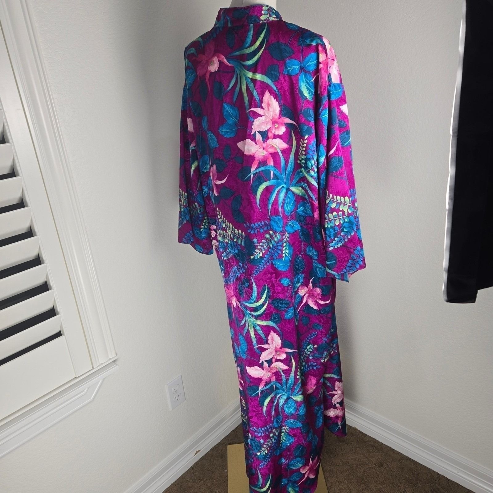 Valerie Stevens Vintage 80s 90s Floral Satin Caftan Maxi Jacquard Lounge Dress L