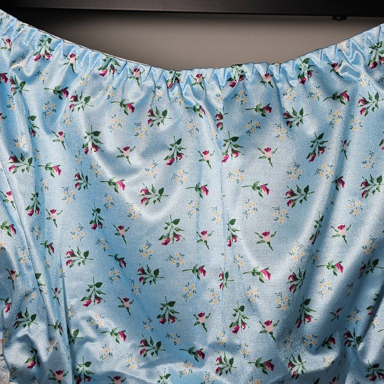 Glossy Floral Satin Panty Blue Bikini Sissy Nylon Lace Brief Sz 10-11 Hip 48-52″
