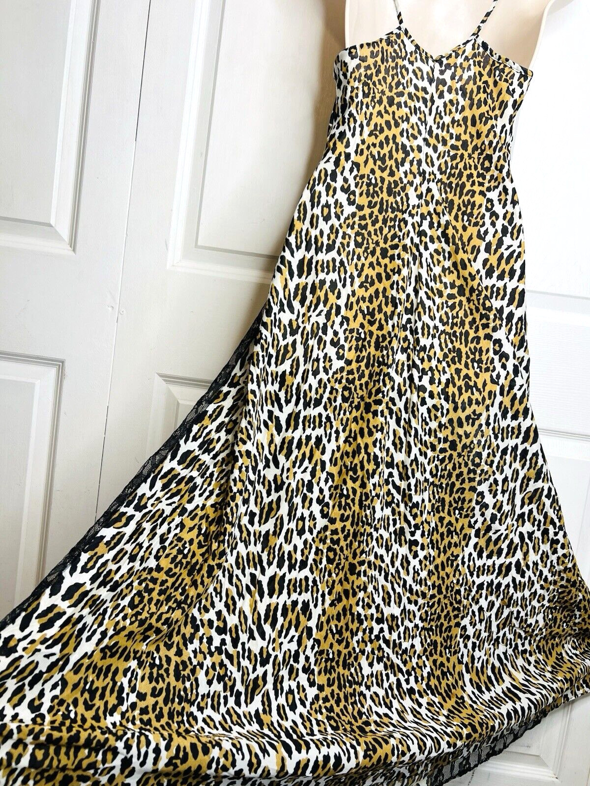 Vtg SEXY Leopard & Black Semi Sheer Lace Panels SMALL Long Negligee Nightgown