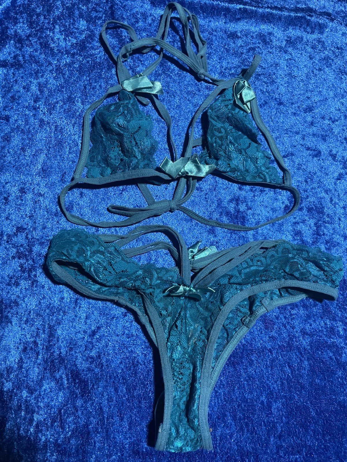 Lingerie Set Teal Blue Lace Bralette Panties Dancer Outfit Sexy Size Small