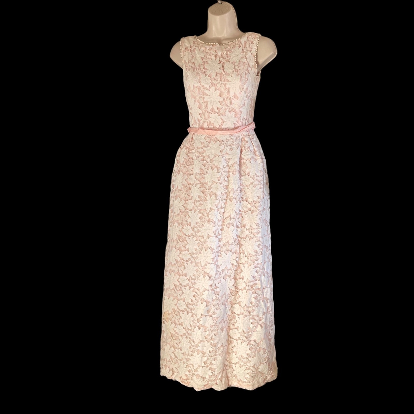 1960s White Lace and Petal Pink Lace Vintage Sleeveless Formal Maxi Gown