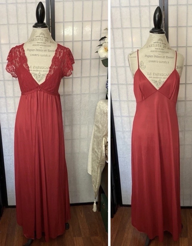 Vintage 50/60s ILGWU (USA) Mauve-Red Maxi Gown & Robe Set-M Luxurious Romantic