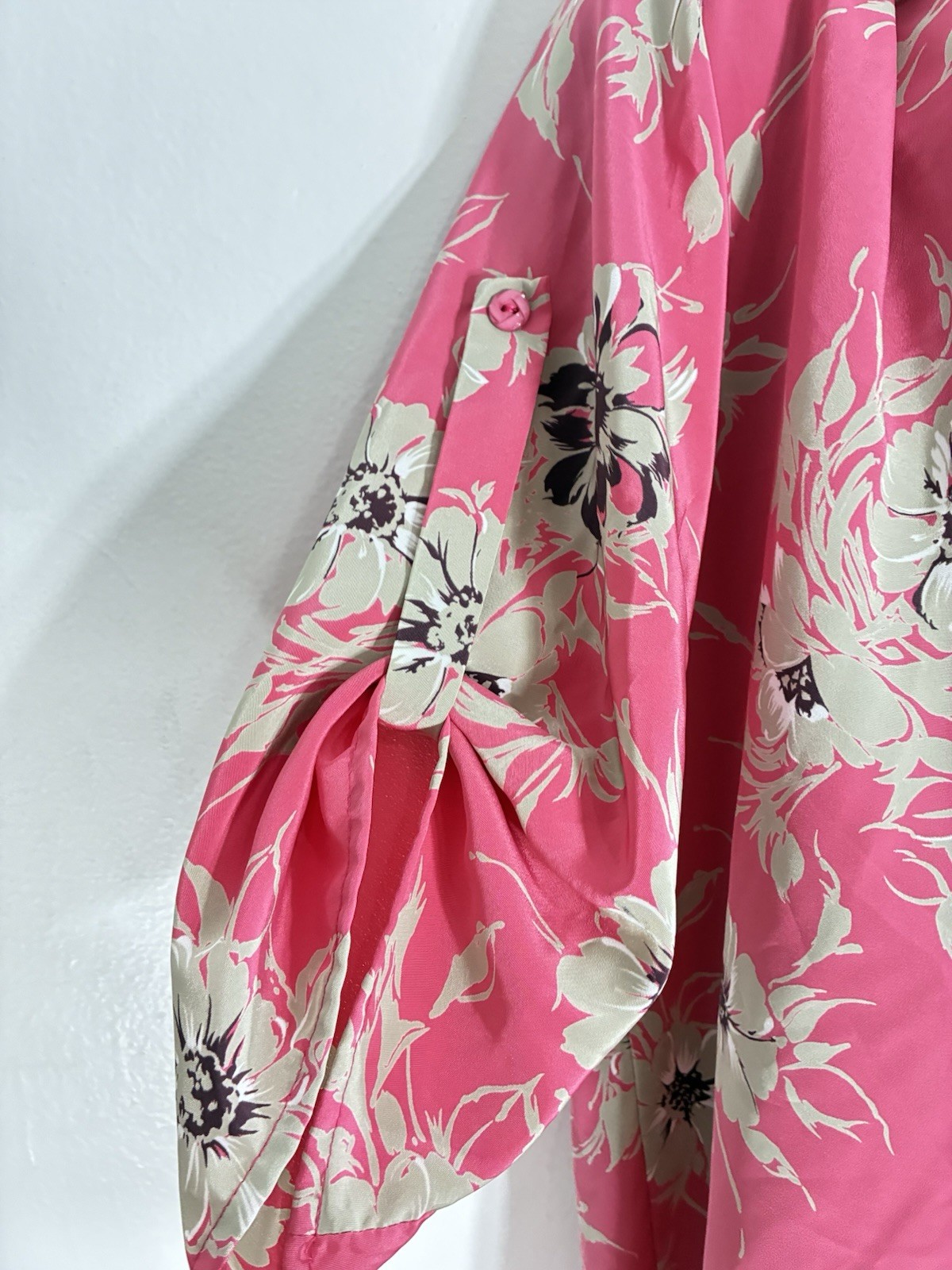 Vintage Silky Shirt Dress Size 14 Pink Floral Roll Tab Sleeves Made In Britain