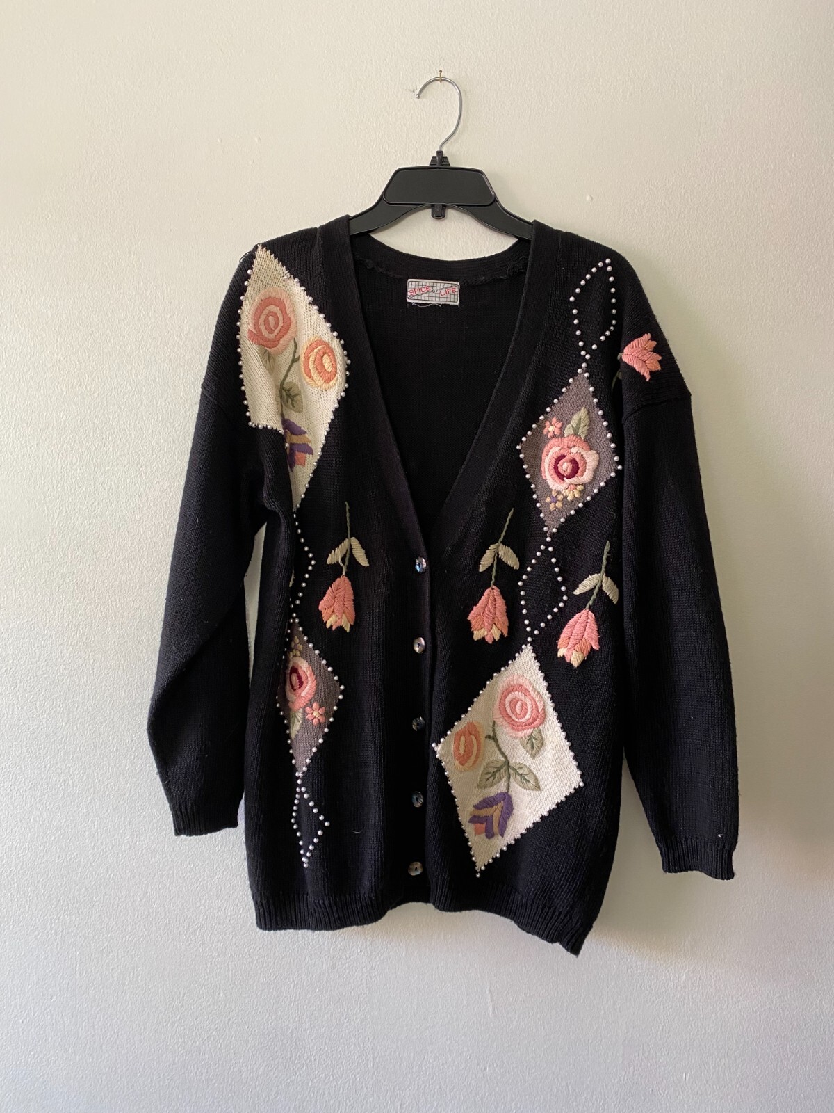 Vtg 1980s Spice of Life Black and Rose Cardigan Pearl Floral Cottagecore Large