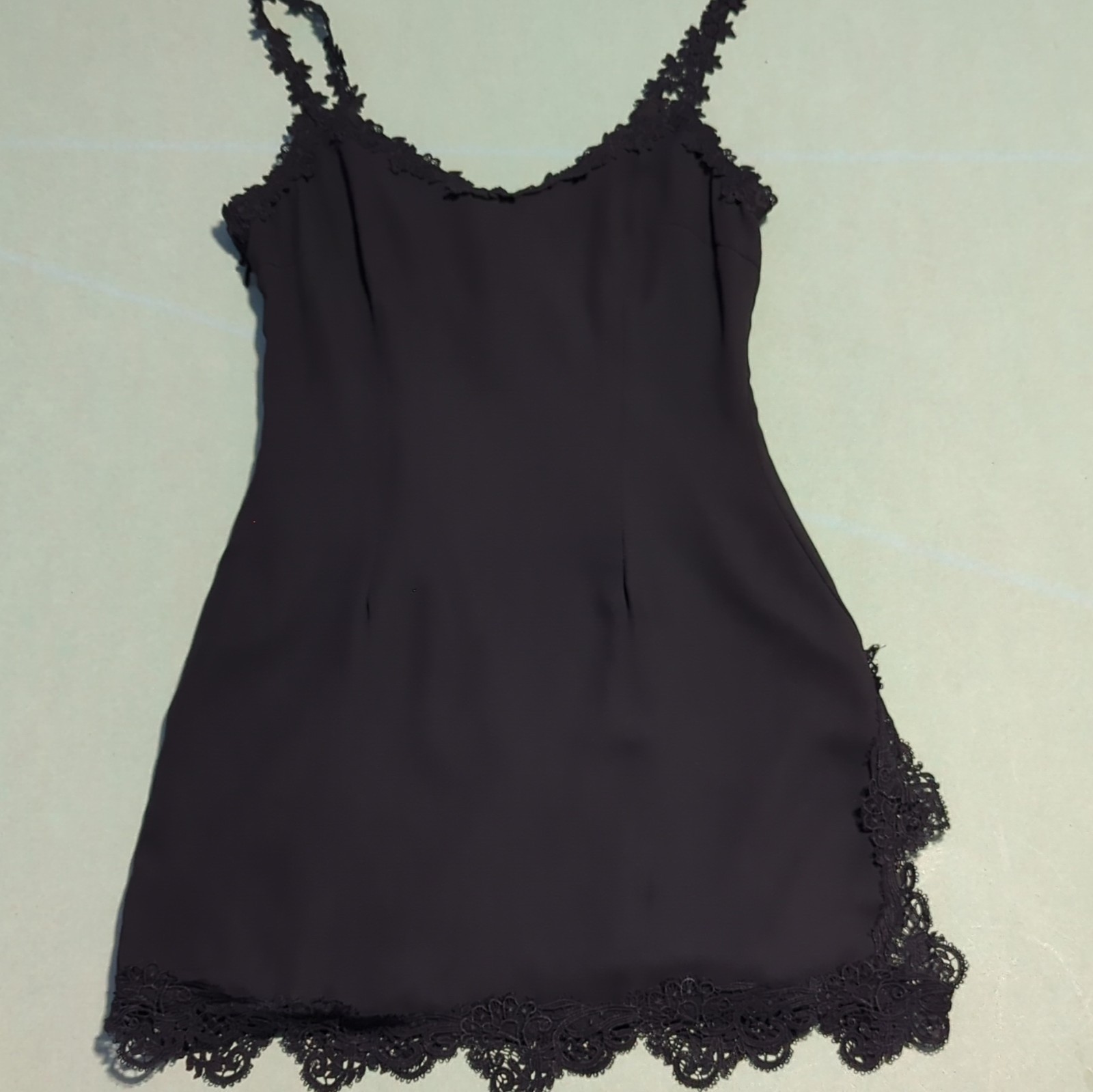 Women’s Black Slip Lingerie Dress with Lace Trim & Spaghetti Straps