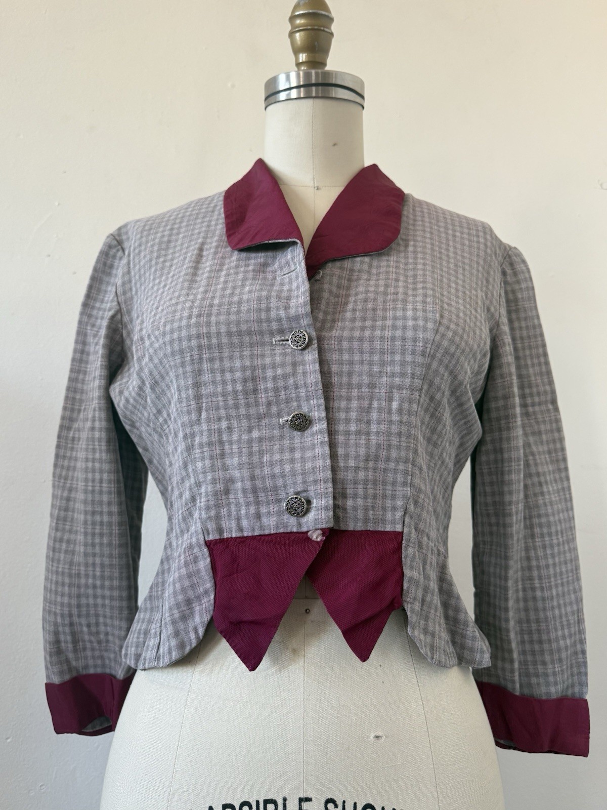 1940s Plaid Rayon Structured Peplum Jacket/Bodice Top W/ Contrast Faille Trim S