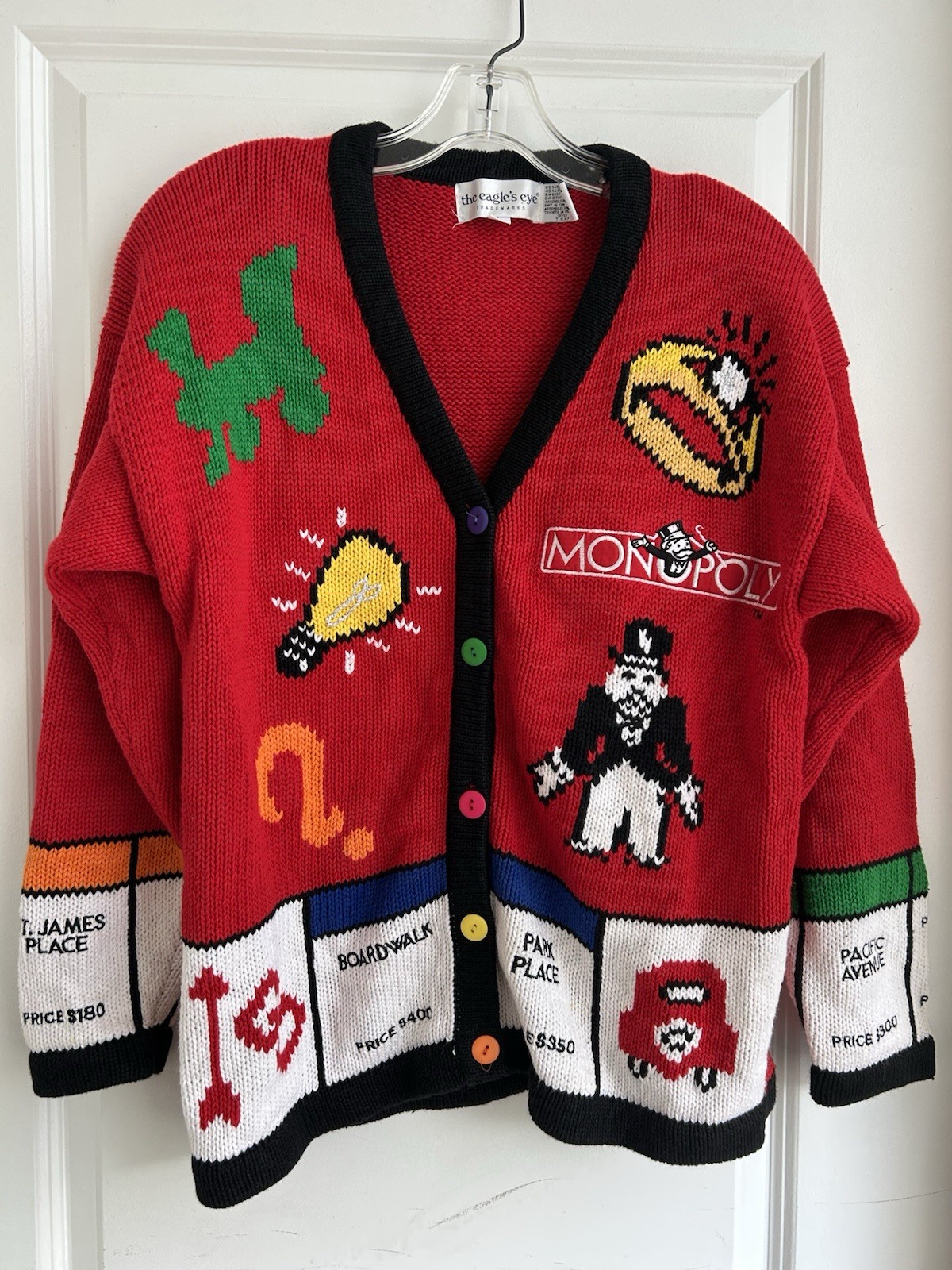 Vtg The Eagle’s Eye MONOPOLY BOARD GAME knit cardigan Women’s Size L RARE