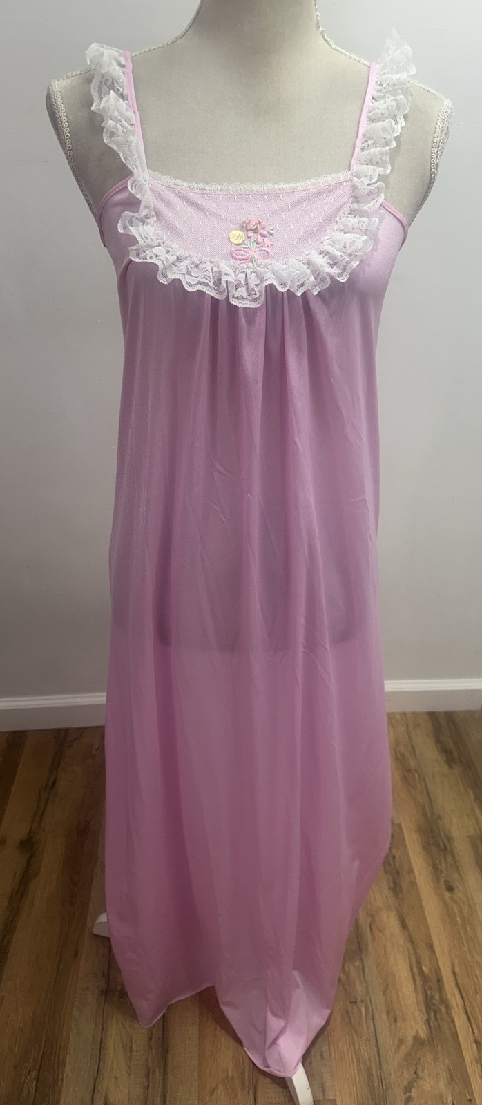 Vintage Spotlight Long Pink Lace Ruffle Nightgown Size Small Silky Nylon
