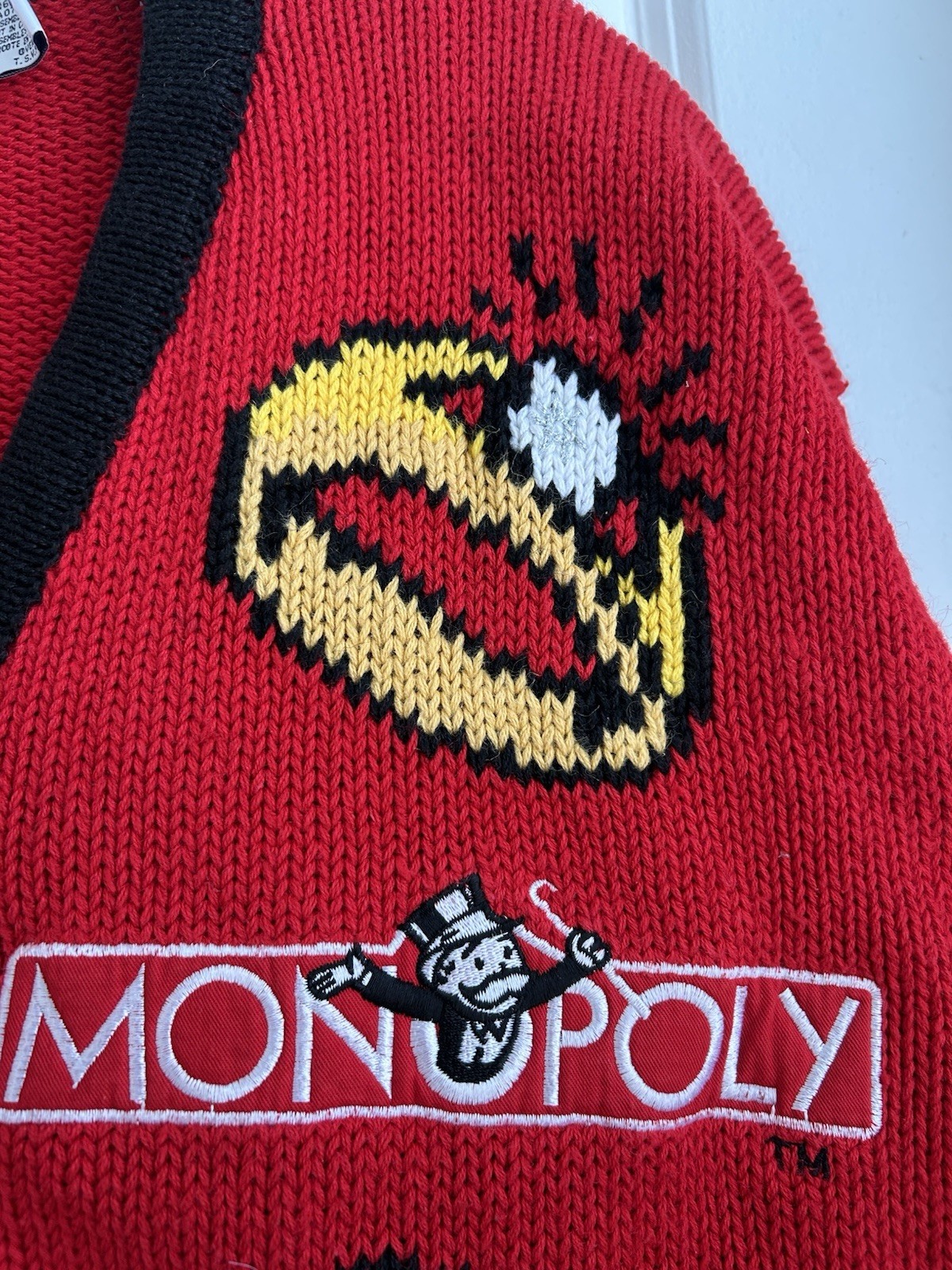 Vtg The Eagle’s Eye MONOPOLY BOARD GAME knit cardigan Women’s Size L RARE