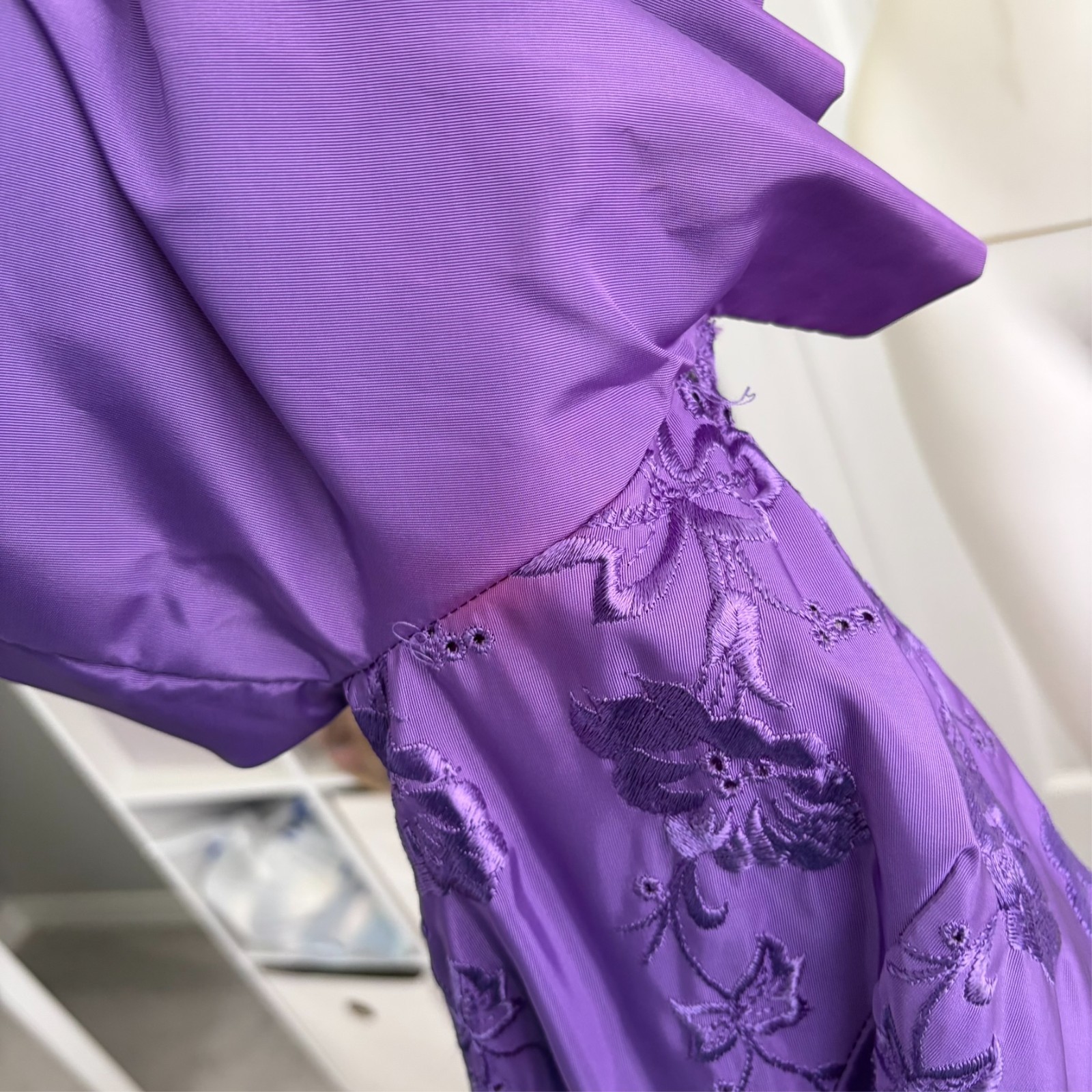 vintage 80s purple off the shoulder bodice midi dress