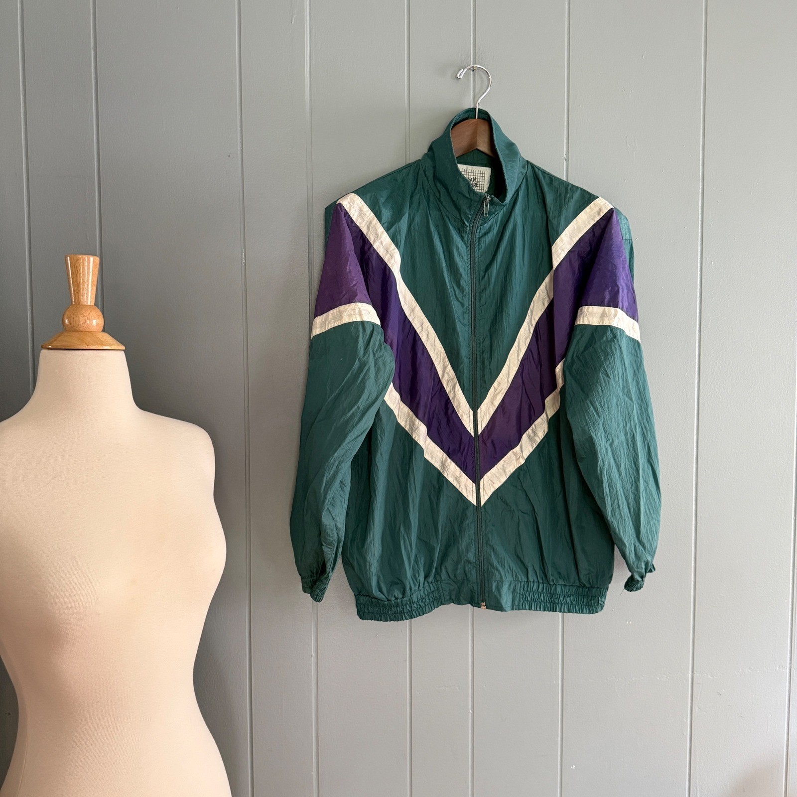 Vtg 90s Womens Windbreaker Jacket Teal Purple Chevron Color Block Nylon Small
