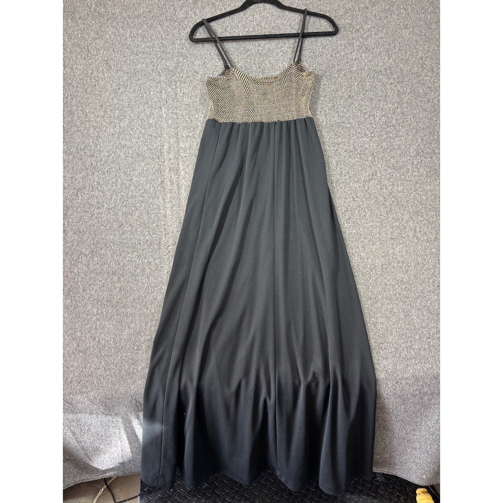 Vintage 70s Metallic Smocked Bodice Maxi Dress Black Gold Silver Formal Size 9