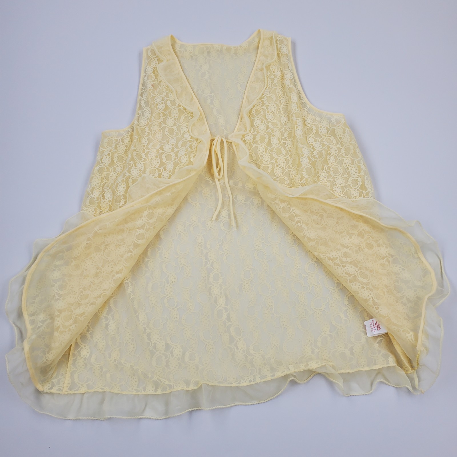 VTG 50s 60s Sears Roebuck Co Yellow Lace Chiffon Vest Peignoir Sheer Lingerie M