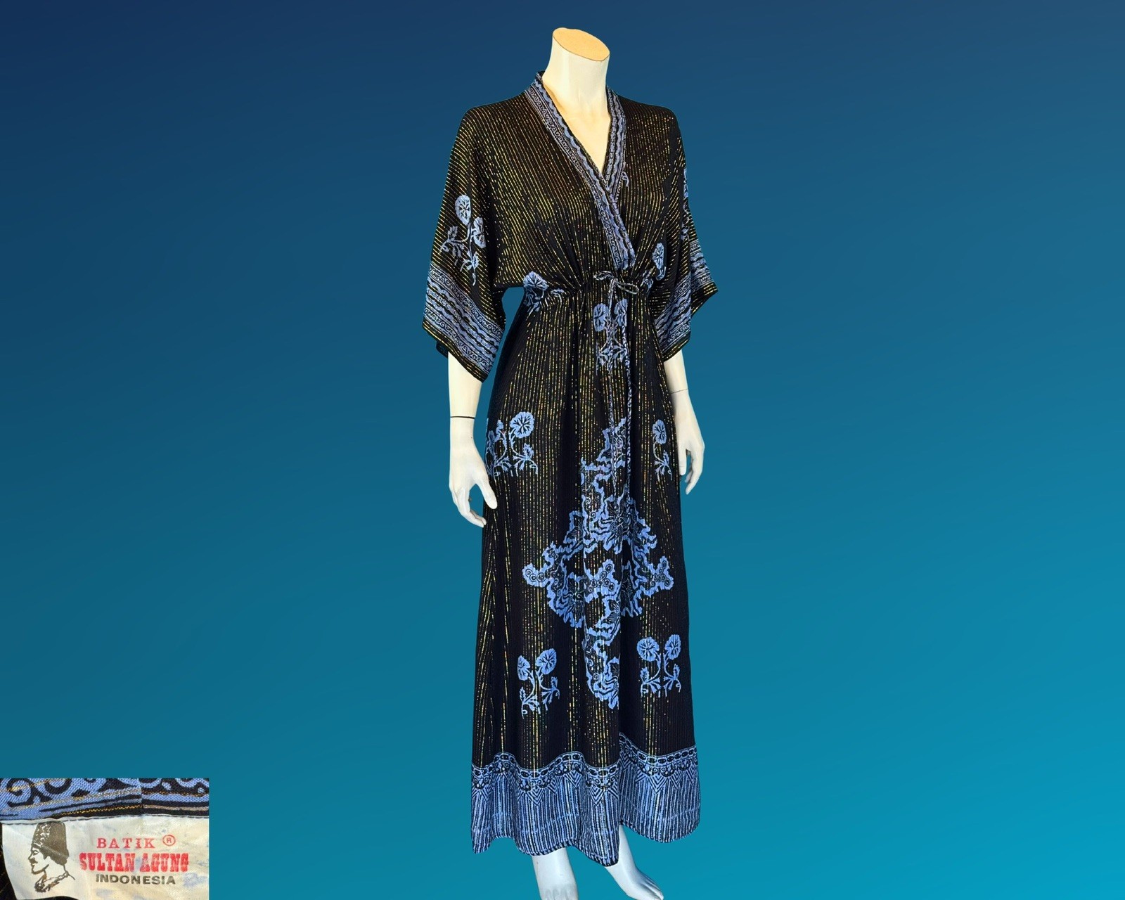 90s Gold Metallic Stripe Black and Blue Rayon Kaftan Dress | S M