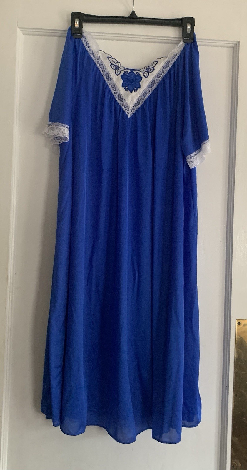 Vtg Night Gown Royal Blue With White Lace Trim One Size, Coffee Time JC Penney