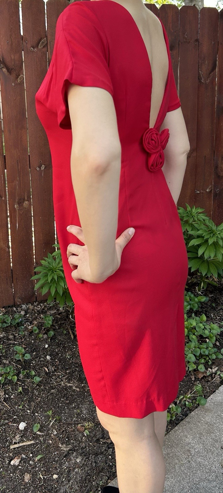 Vintage Dress Late Edition Ltd. Red Sheath Short Sleeve Size 8 Roses Romantic