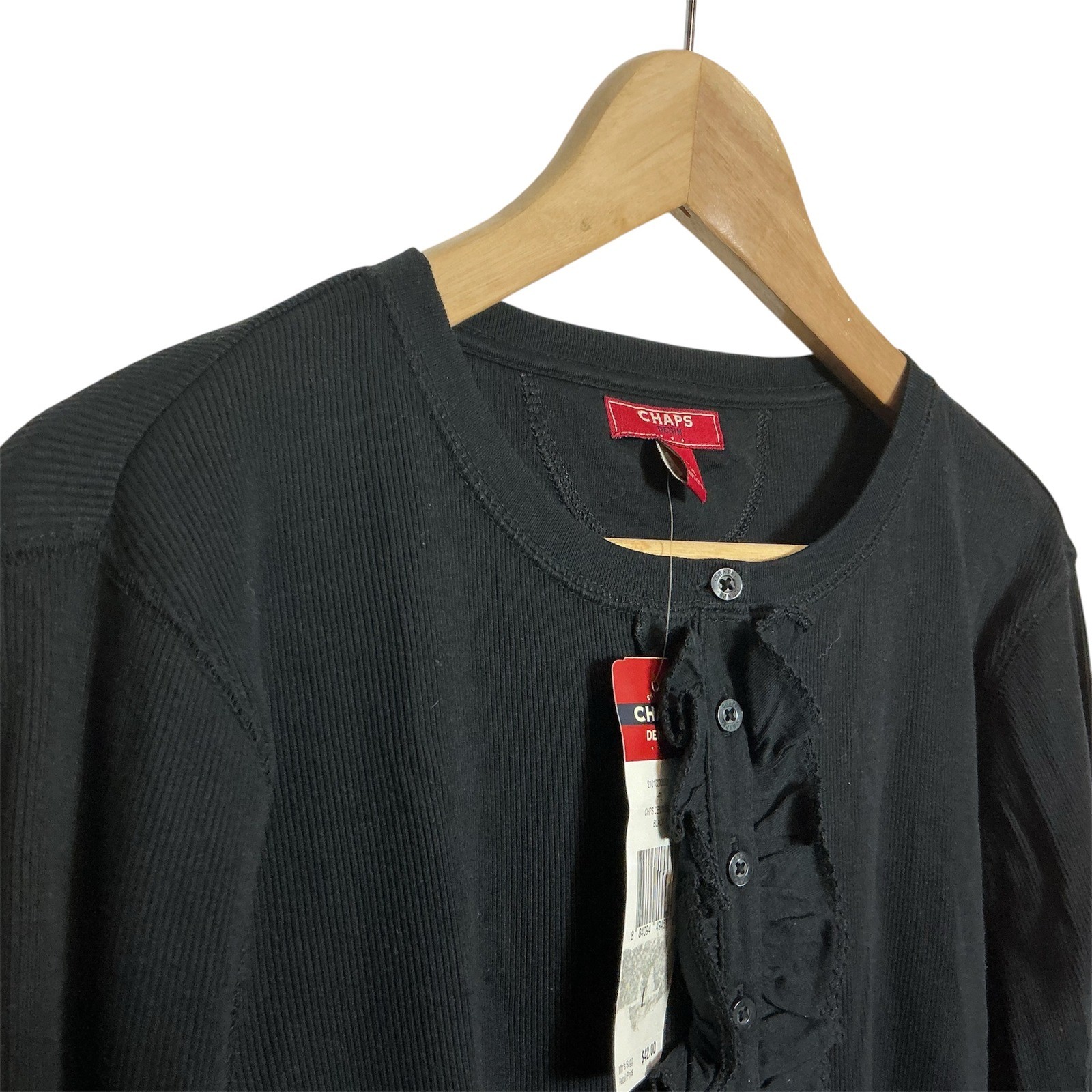 Chaps Denim Vintage Tags Black Ruffle Henley Top NEW Preppy Y2K