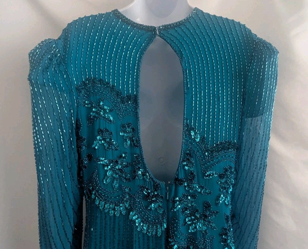 JASDEE New York Vintage Dress Hand Work Bead & Sequins Turquoise 100% Silk Sz L