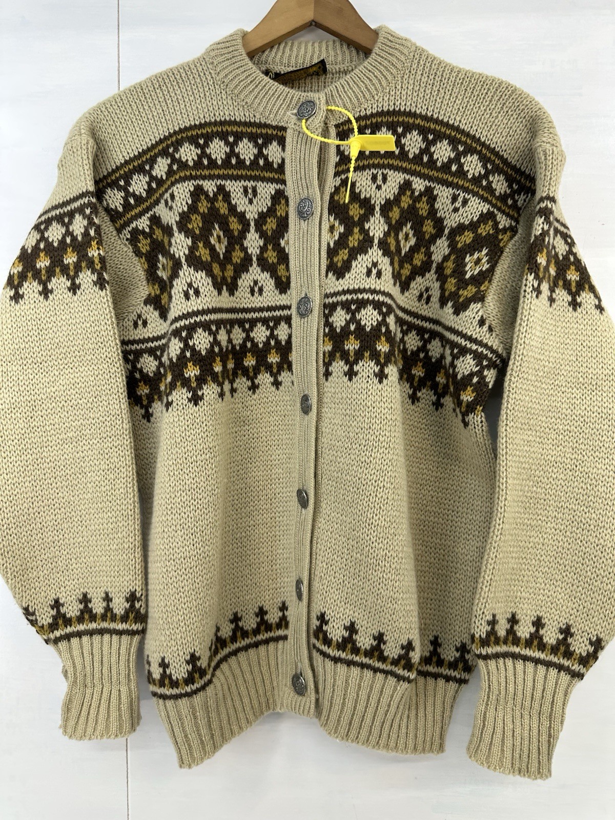 VTG Norlaender Women’s 100% Wool Nordic Fair Isle Button Cardigan Sweater L READ