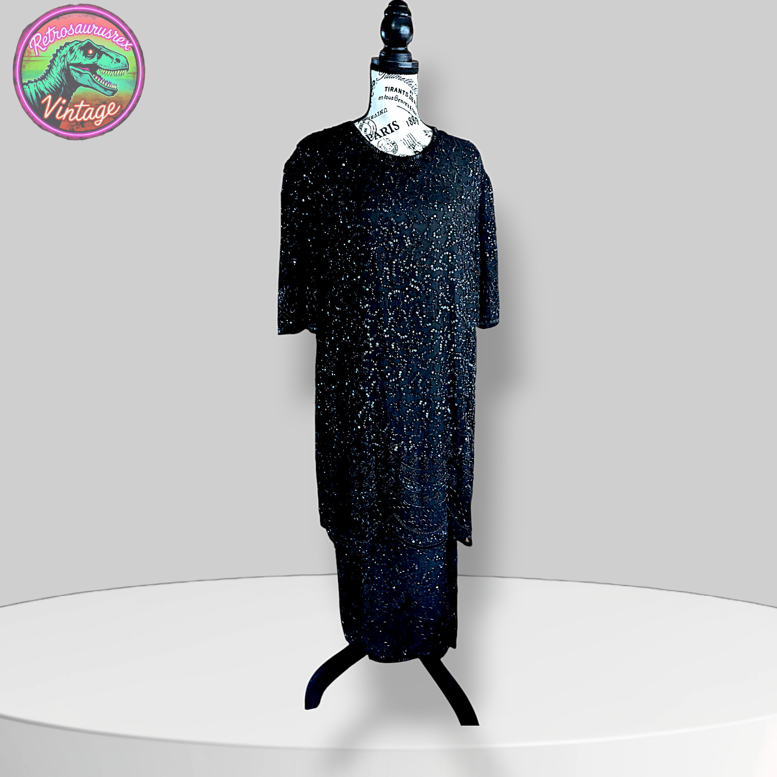 Vintage Bombshell Glam Silky Nites Beaded Sequin Black Gown, 2X Plus
