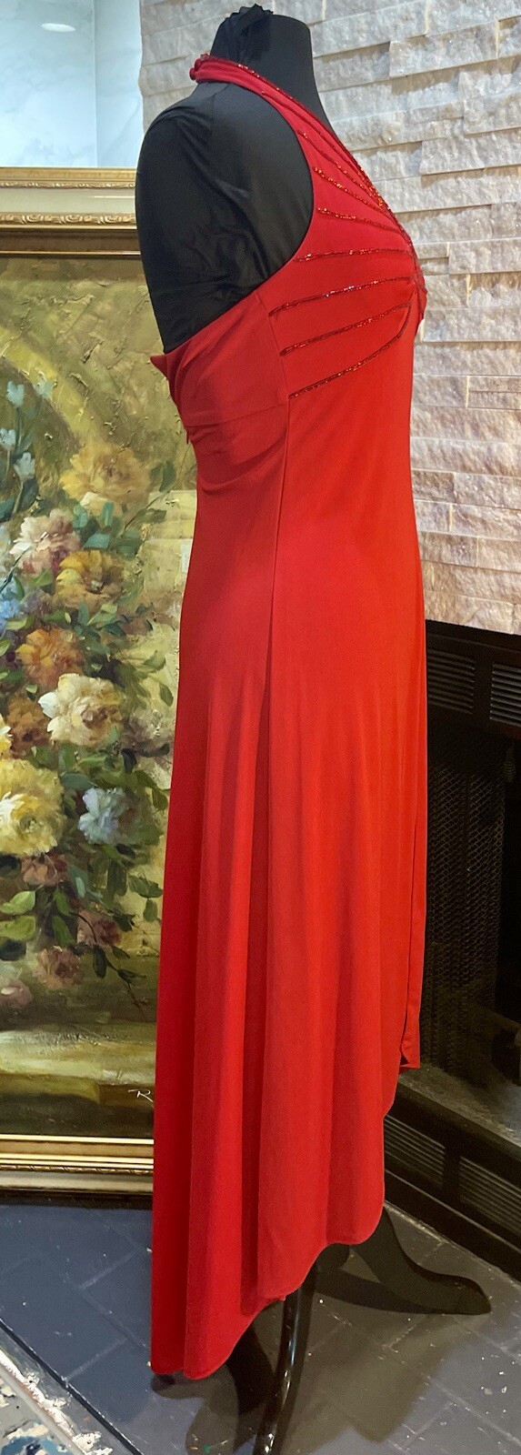 VTG De Laru Y2K Sexy Red Halter Dress Beading Rhinestone Size 8 A Line