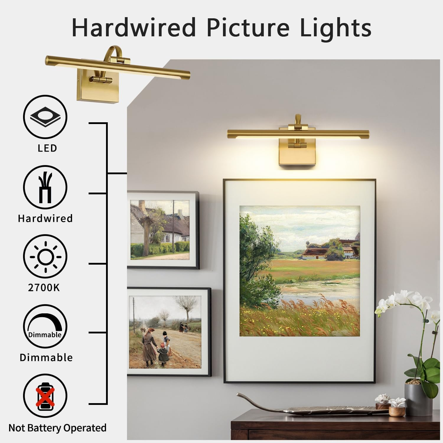 Brass Picture Lights for Wall Hard-Wired LED Picture Lighting Dimmable Art Light