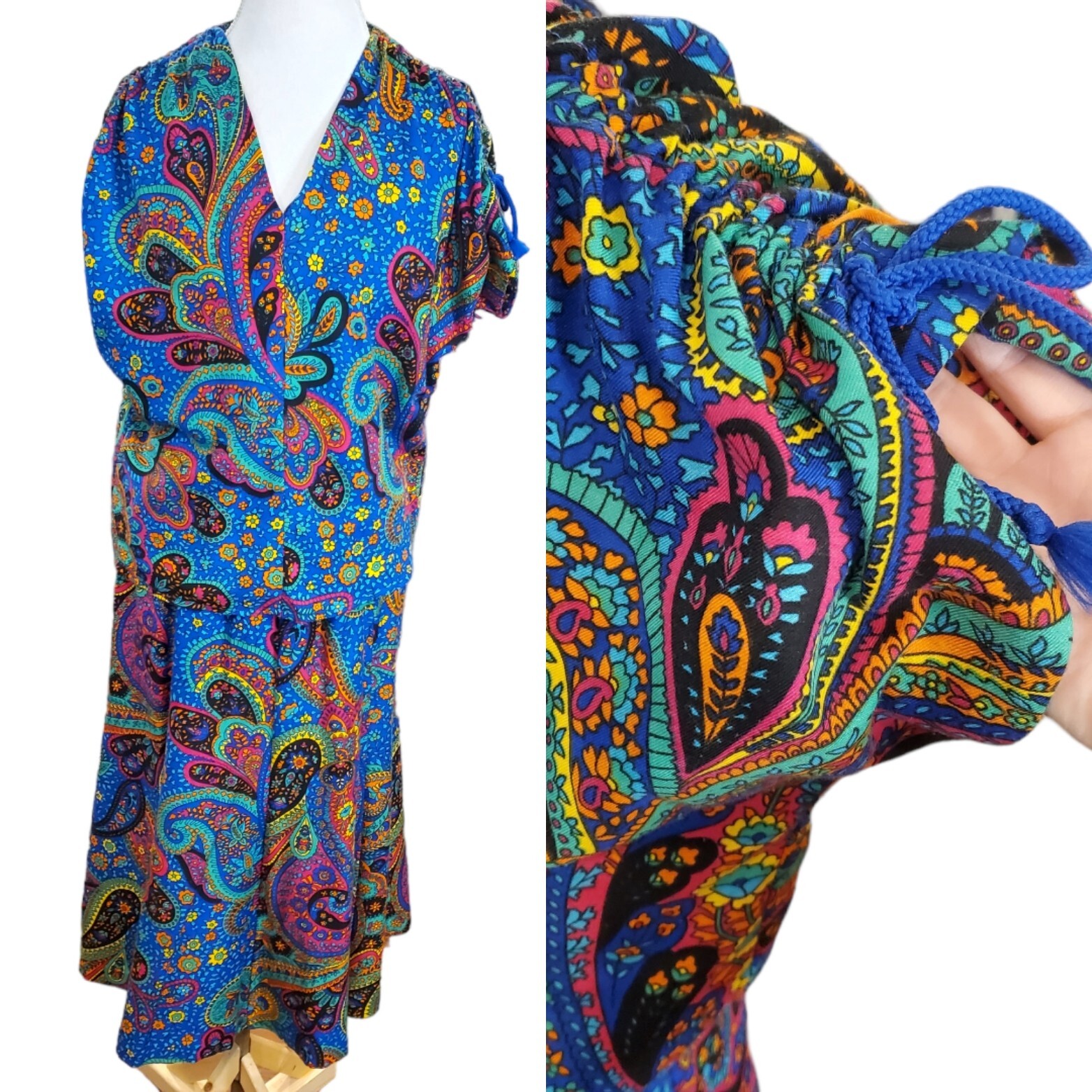Vintage 70s Colorful Paisley Midi Skirt Set Sz Large Blue Short Sleeve Retro