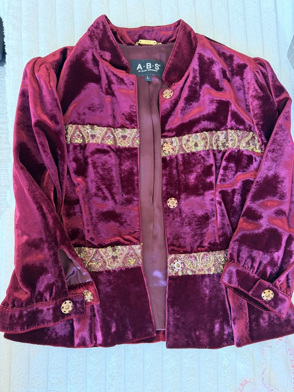 Vintage A.B.S by Allen Schwartz Burgundy Velvet Blazer Jacket W/ Embellishment L