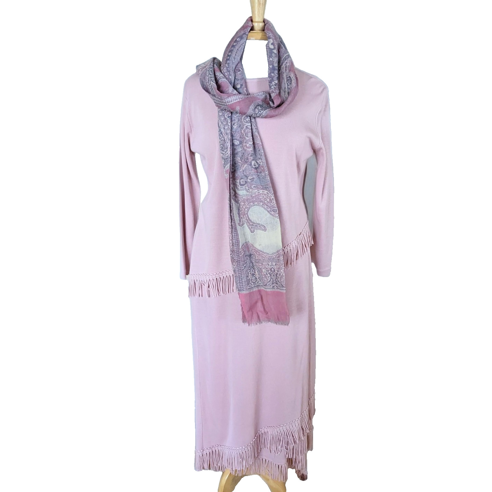 Vintage 1980s Dorby Lilac Pink Sweater Knit Set, Fringe Cowl Neck Top & Skirt