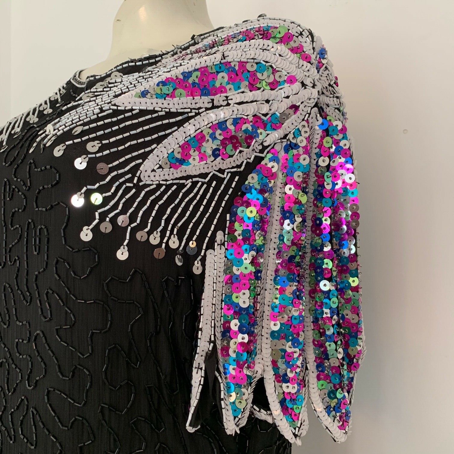 Vintage Beaded Sequins Black Dress SWEE LO Keyhole Back Cocktail Evening Gown