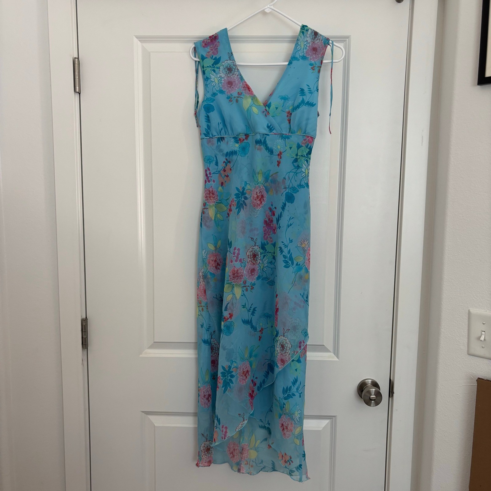Vintage 90’s Y2K La Belle Women’s S Blue Floral Sheer Layered Hem Midi Dress