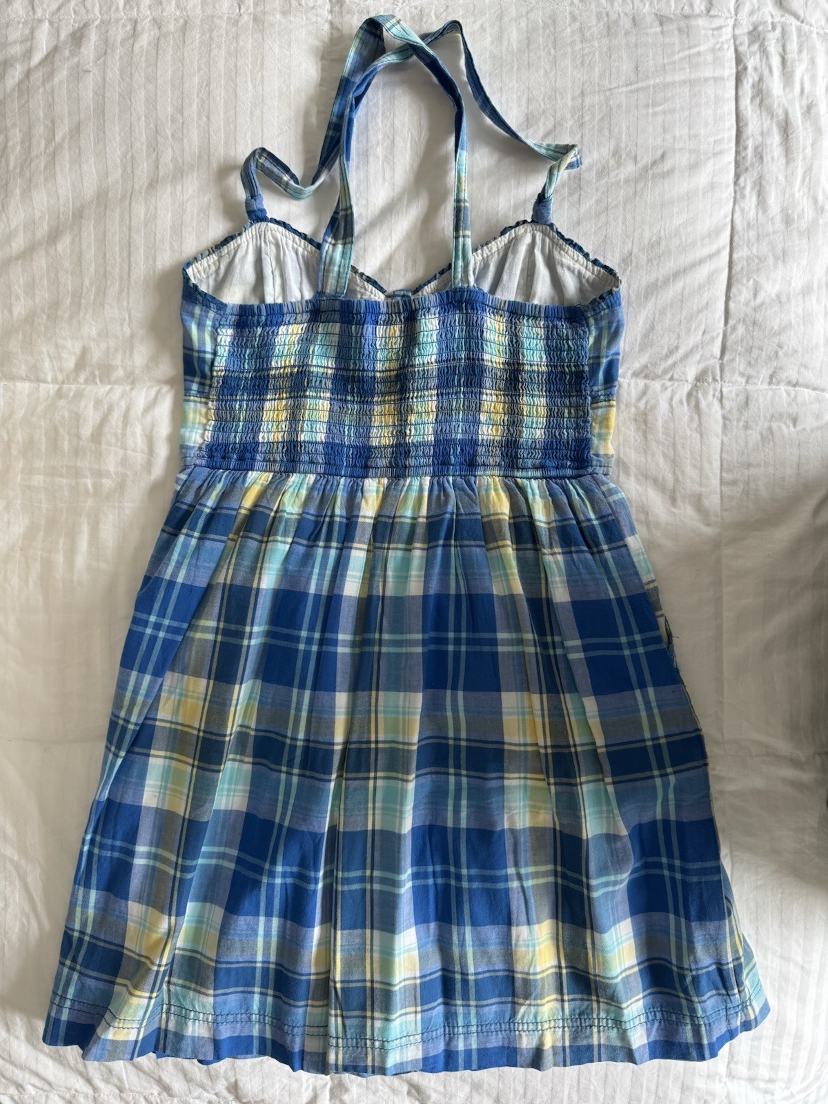 Vintage Y2K Abercrombie Blue Yellow Green Plaid Smocked Mini Sundress Sz Medium