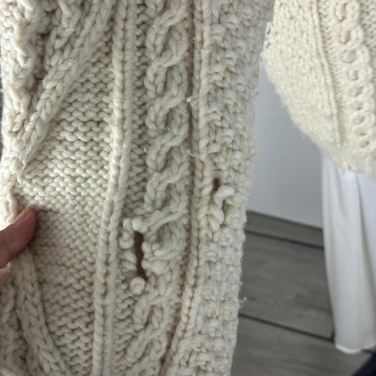 Hand Knit Aran Fisherman Cardigan Cream Cable Knit Wool Sweater Vintage L/XL