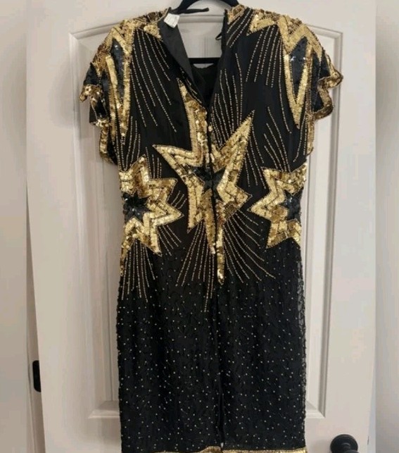 Vintage 80s Stenay Silk Black Gold Sequin Beaded Dress Art Deco Cocktail Size 10