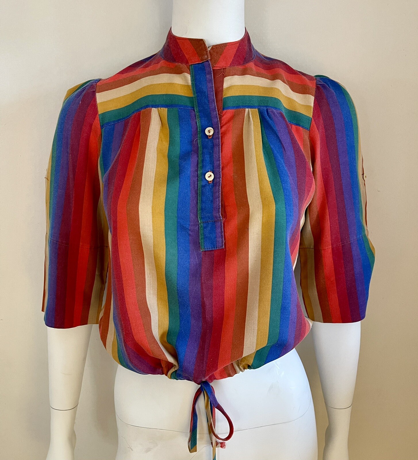 Vintage 1970s or 80s Byer California Rainbow Striped Drawstring Hem Top – Small