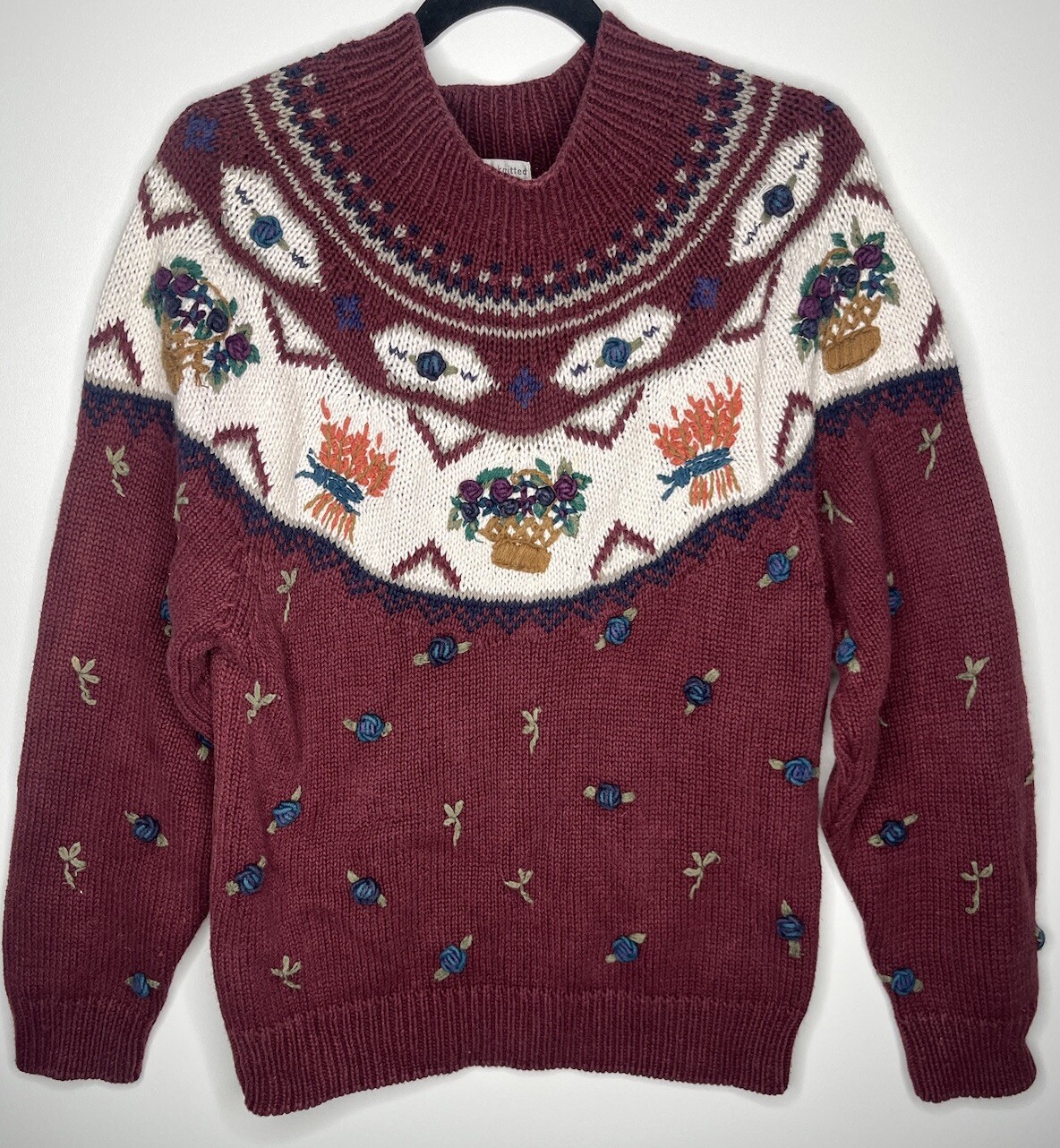 Van Heusen Hand Knitted For Her Floral Sweater Burgundy Size Small Vintage