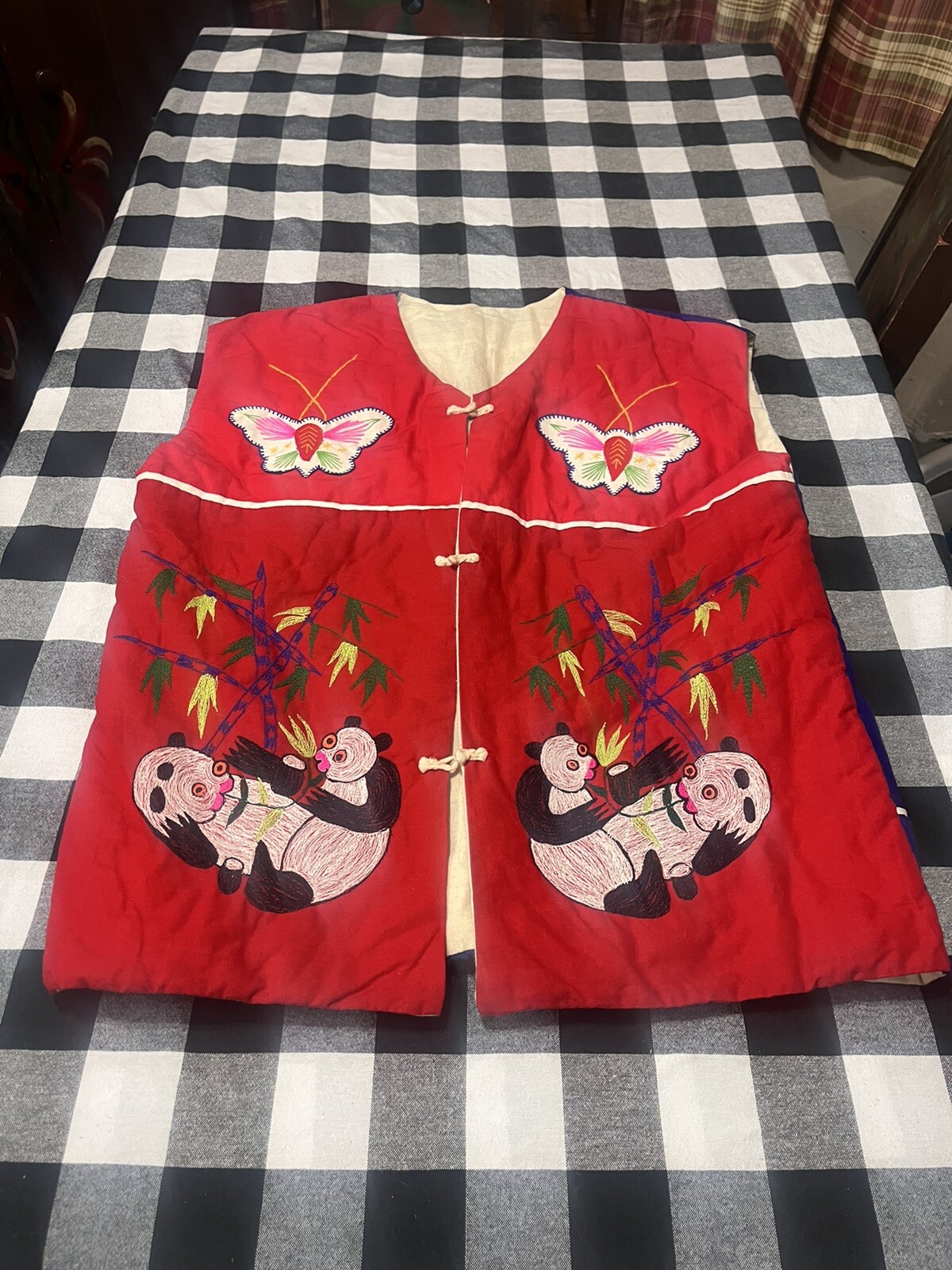 Vintage Embroidered Asian Vest Panda, Butterfly , Dragon On Back (?) L/XL