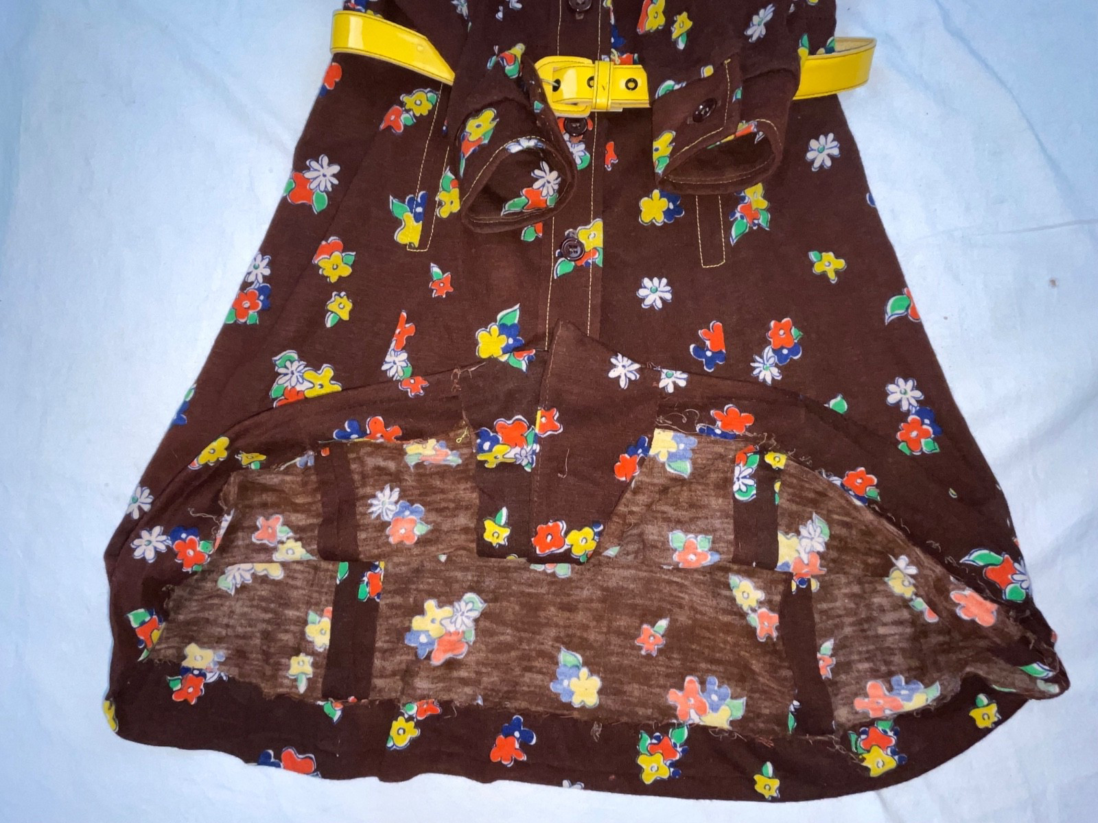 VTG 60S 70 WOMENS BROWN CUTE BABY DOLL MOD GOGO DISCO BUTTON FLOWER PRINT DRESS