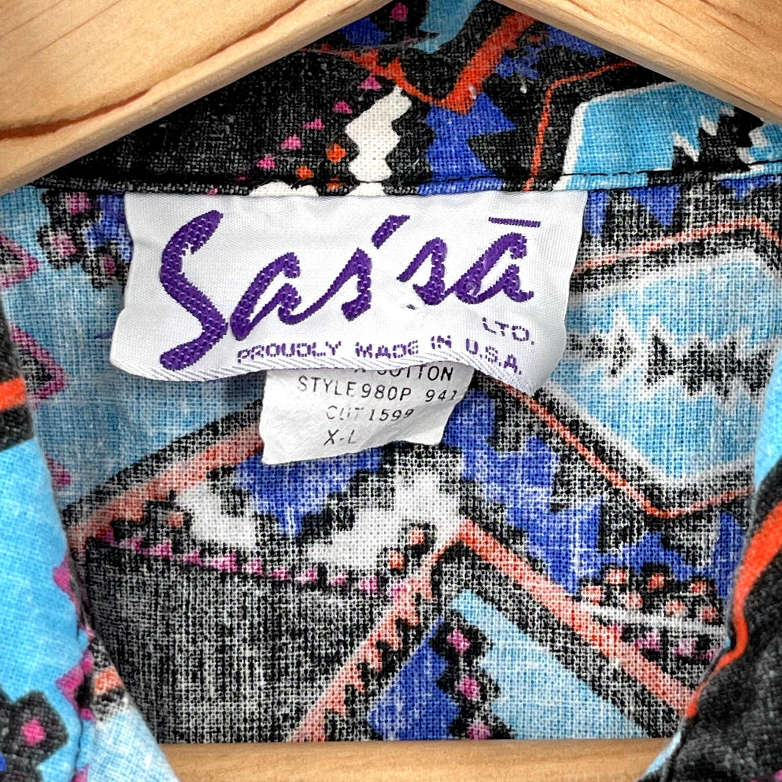 Vintage 80s Sas’sa Western Aztec Rodeo Short Sleeve Button Up Shirt Womens Sz XL