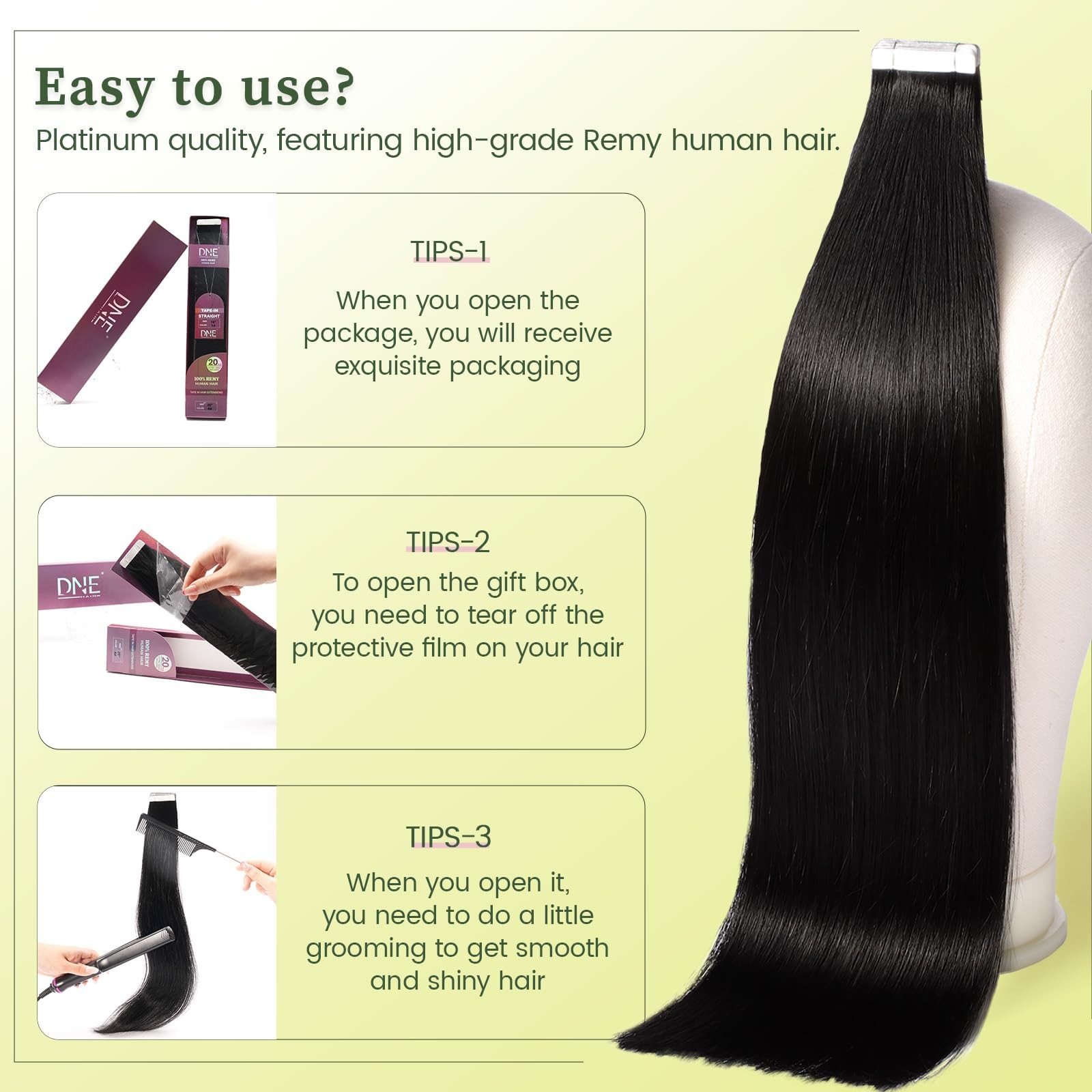 DNE 18″ Jet Black Remy Tape-In Human Hair Extensions 20pc/50g Straight
