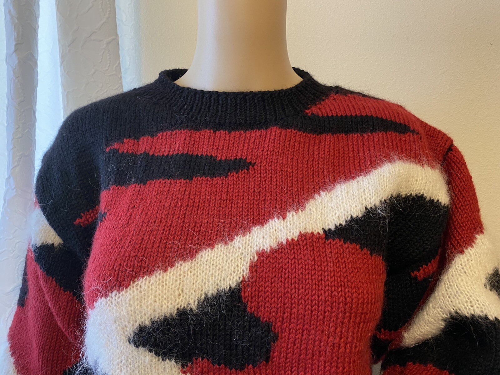 Womens Vtg Sweater Pullover Handmade M Black Red White Geometric Hip Rockabilly