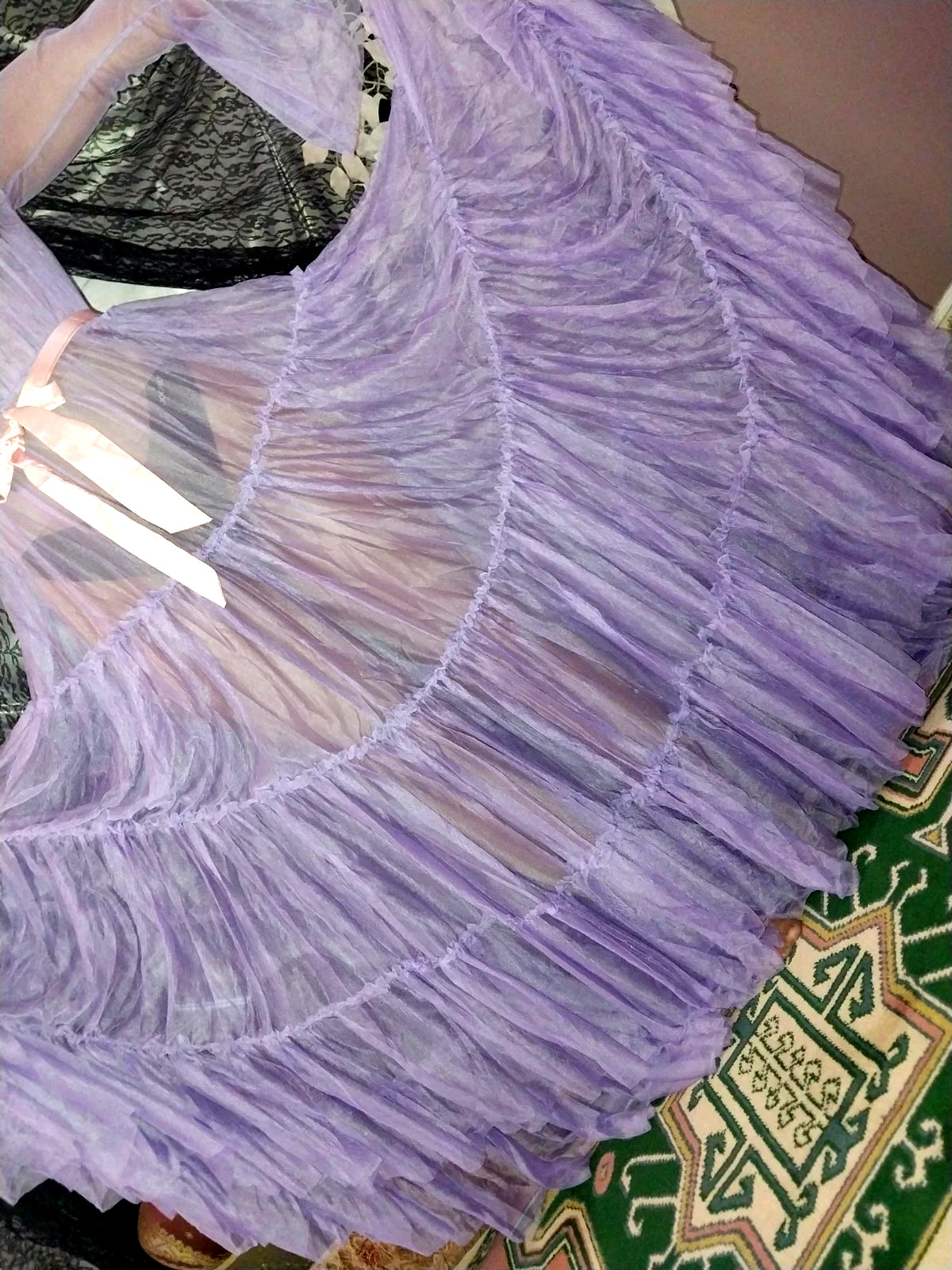 VTG SILKY PURPLE SHEER LAYERS BELL SWEEP NEGLIGEE NIGHTGOWN SISSY 48 OSFM