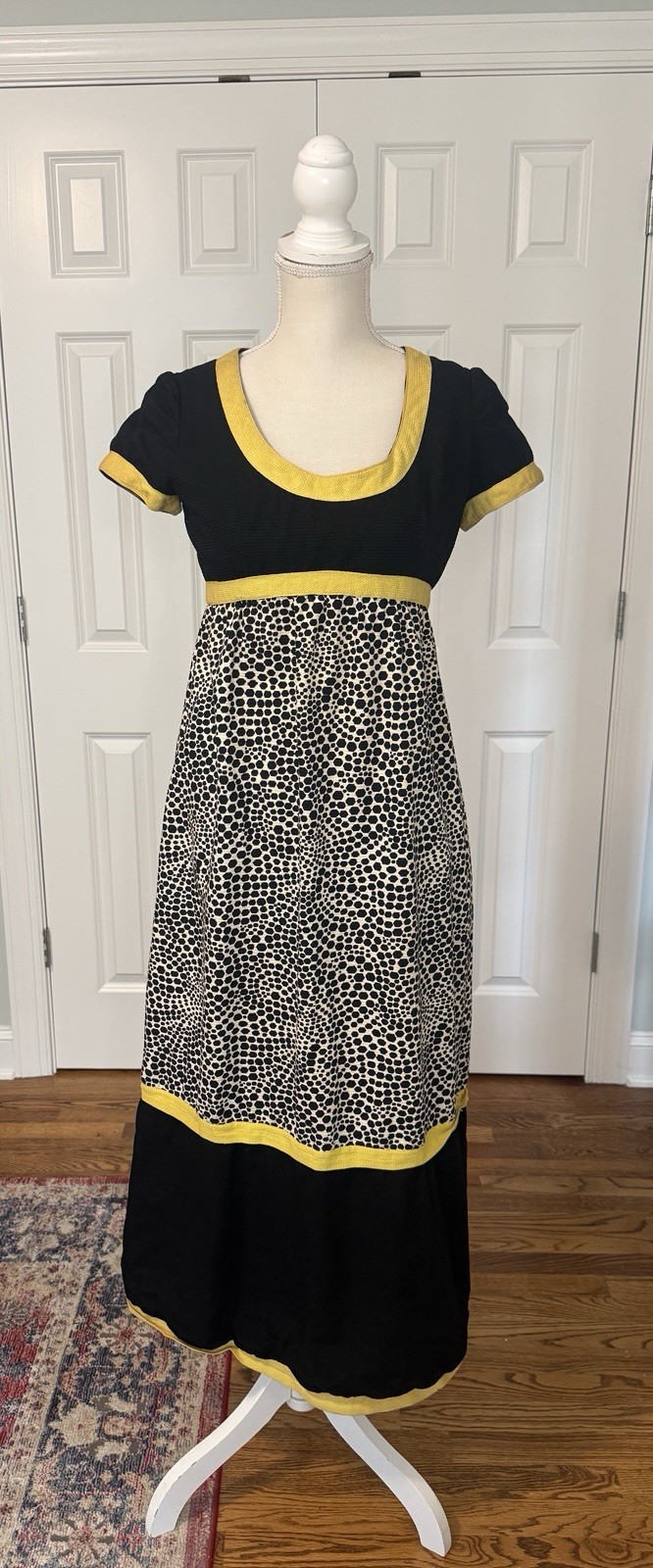 Vtg Jane Justin By Don Sophisticates Empire Waist Dress Black & Yellow Sz XS/S