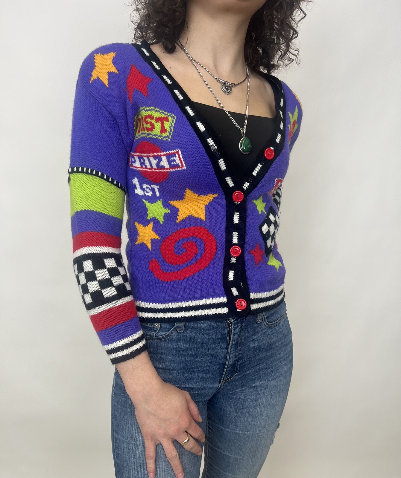 Vintage Novelty Sweater Cardigan Race Car First Prize The Best Purple Red Green
