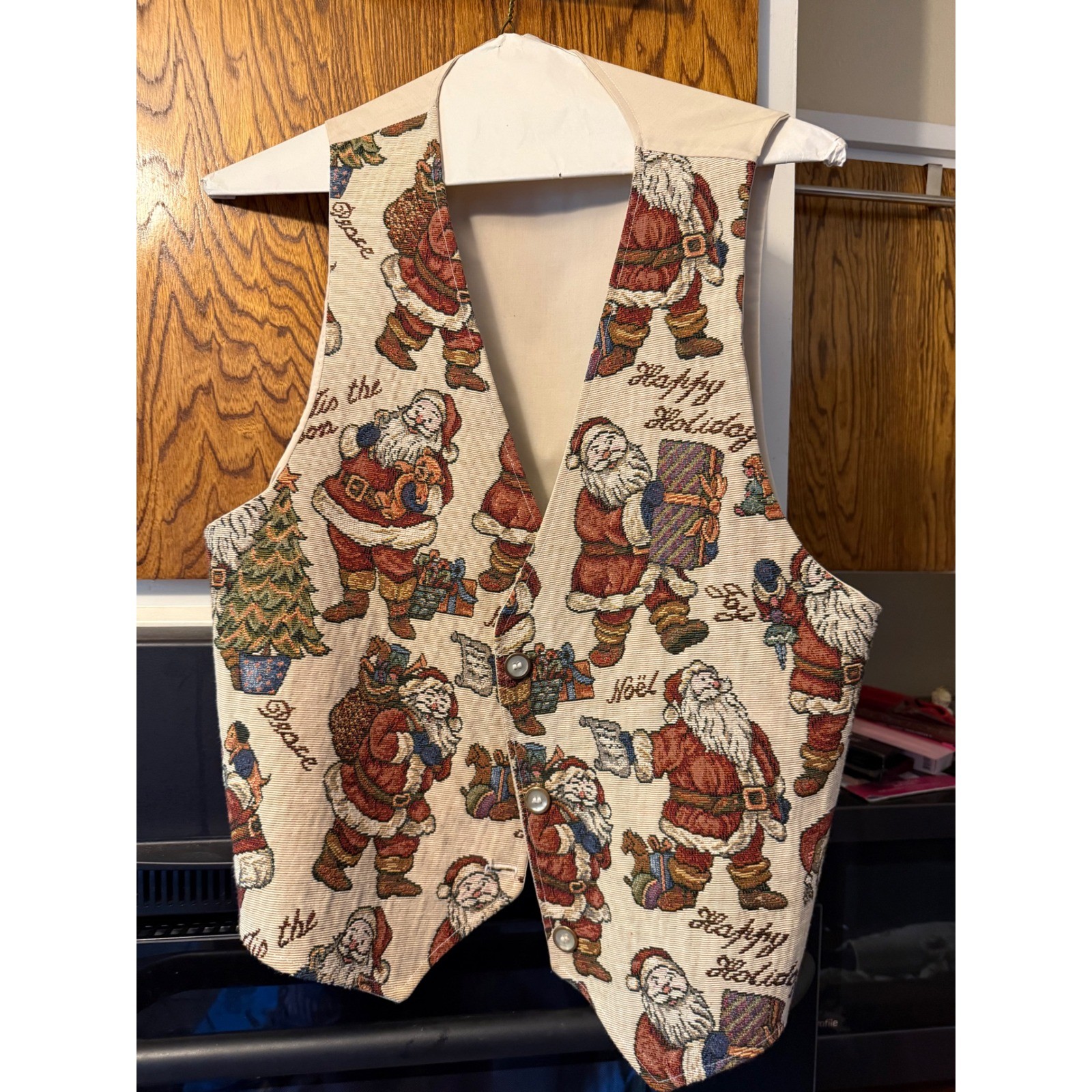 Vintage Christmas Santa Claus Tapestry Vest Cream Holiday Festive Button Up