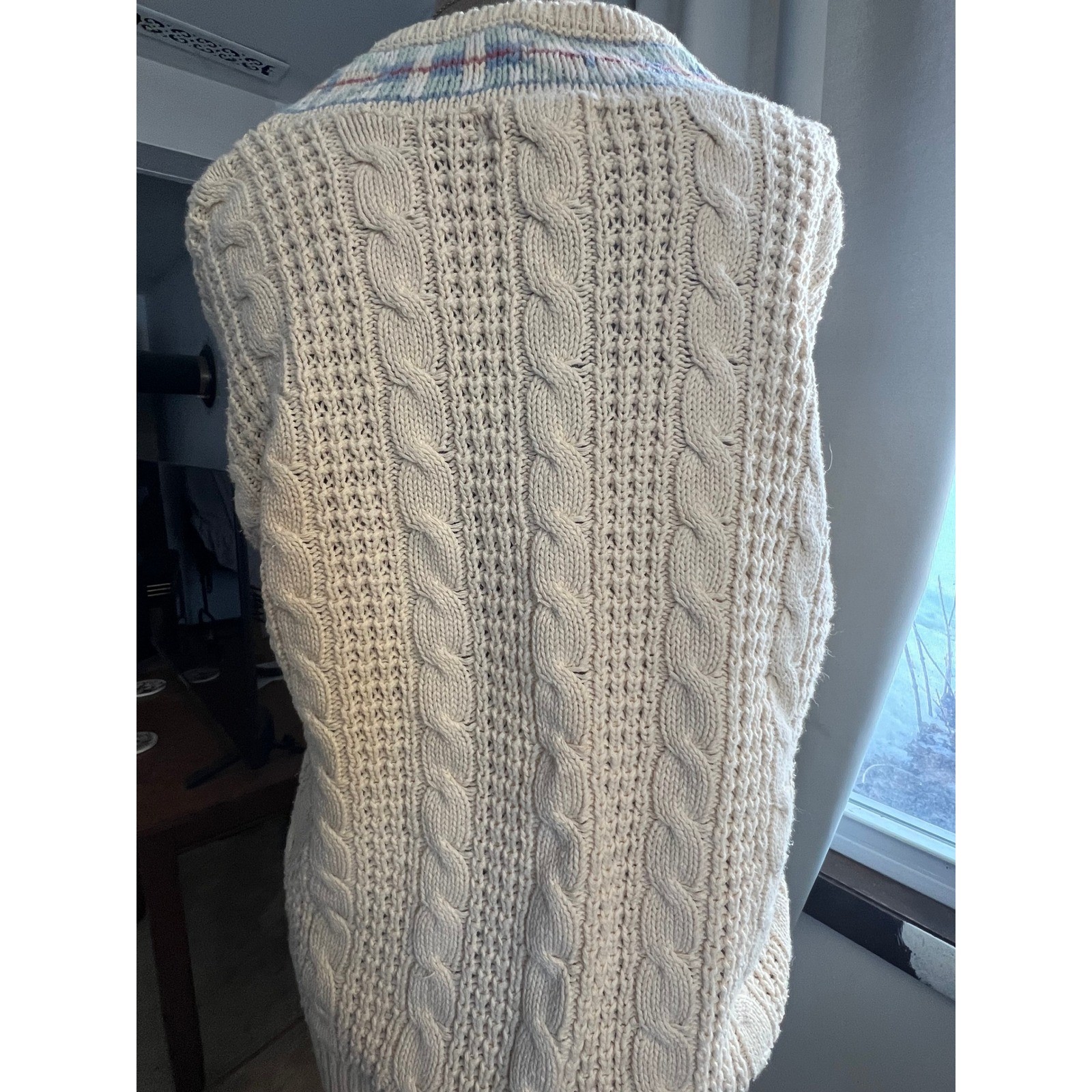 Weathervane Sweater vtg Cable Knit V-Neck Cream argyle neck SM preppy tennis