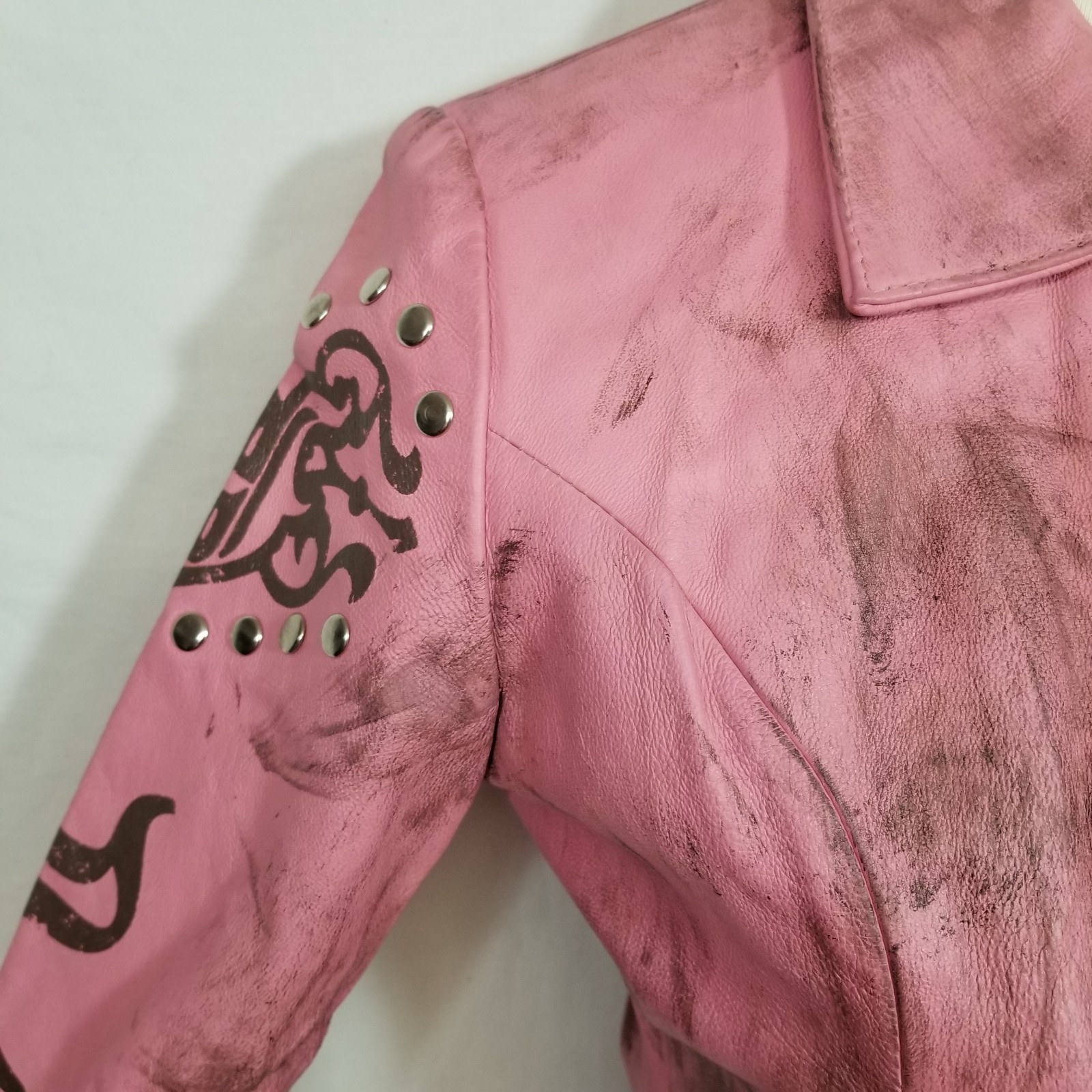 Wilsons Leather Vintage Maxima Womens Pink Distressed Rocker Zip-Up Jacket Med