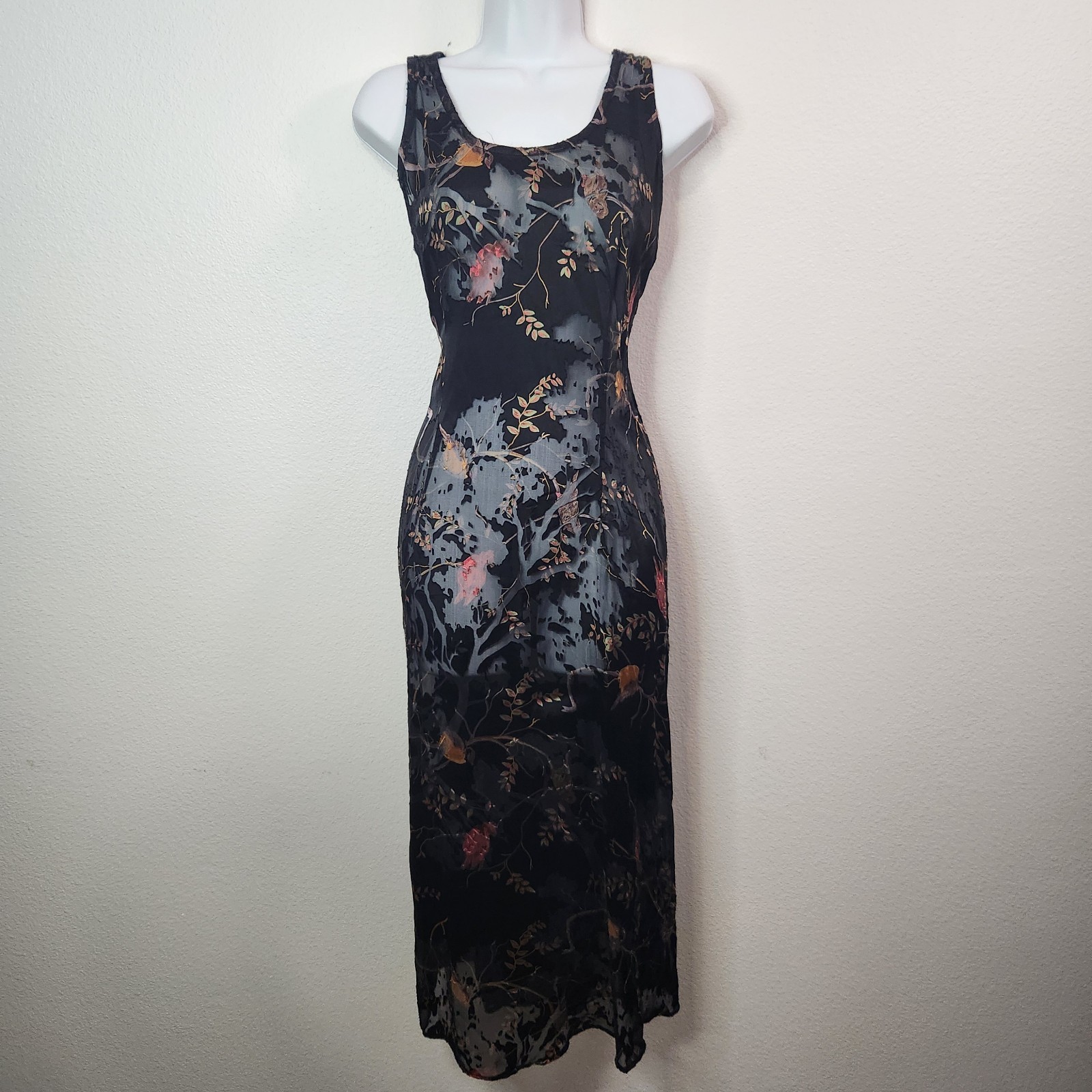Citron Santa Monica Vintage 90s Sheer Silk Black Velvet Midi Dress