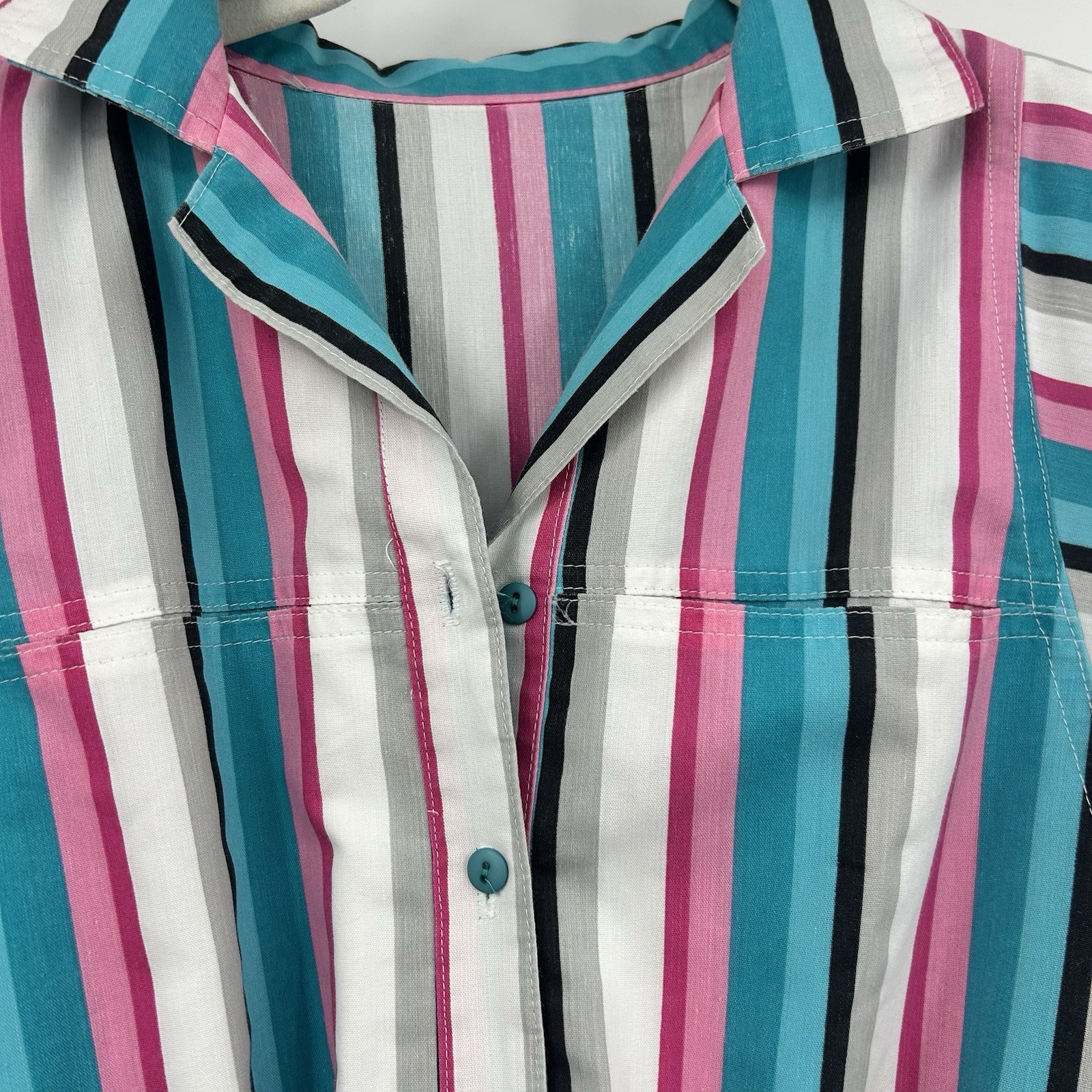 Vintage 80s 90s Striped Midi Dress Womens Shoulder Pads Pockets Colorful Retro L
